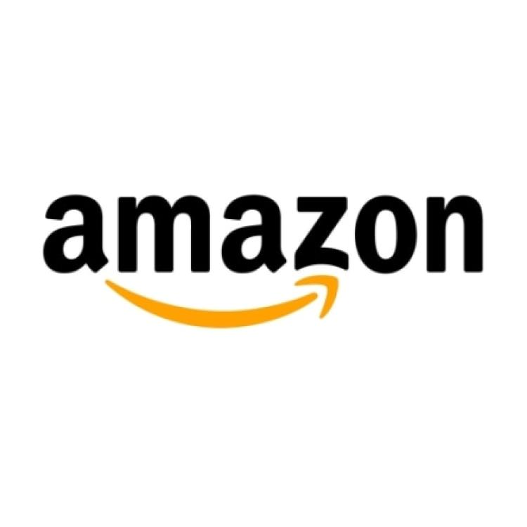 The amazon logo is shown on a white background, featuring promotions and deals.