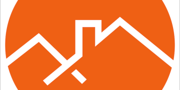 An orange and white logo with a mountain on it.