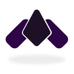 A purple triangle logo on a white background.