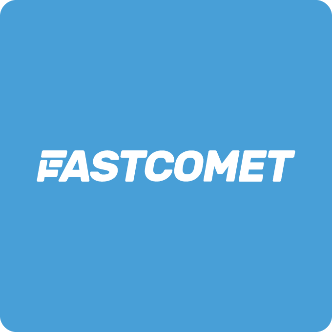 Fastcomet logo on a blue background.