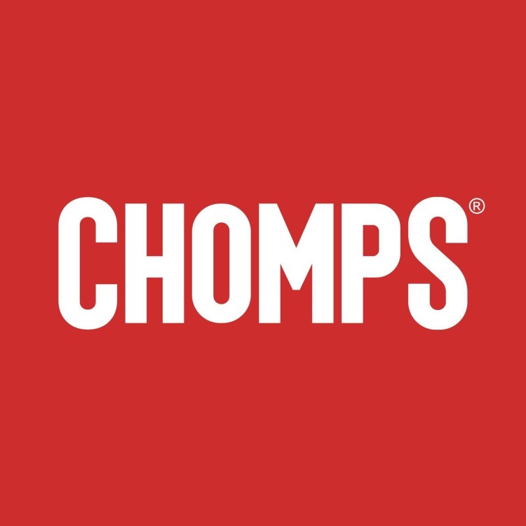 A logo with the word chomps on a red background.