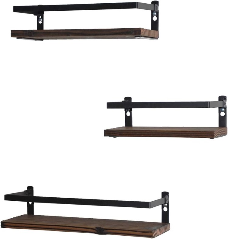 Three wooden shelves with black metal brackets.