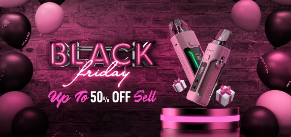 A black friday ad with balloons and a pink vaporizer.