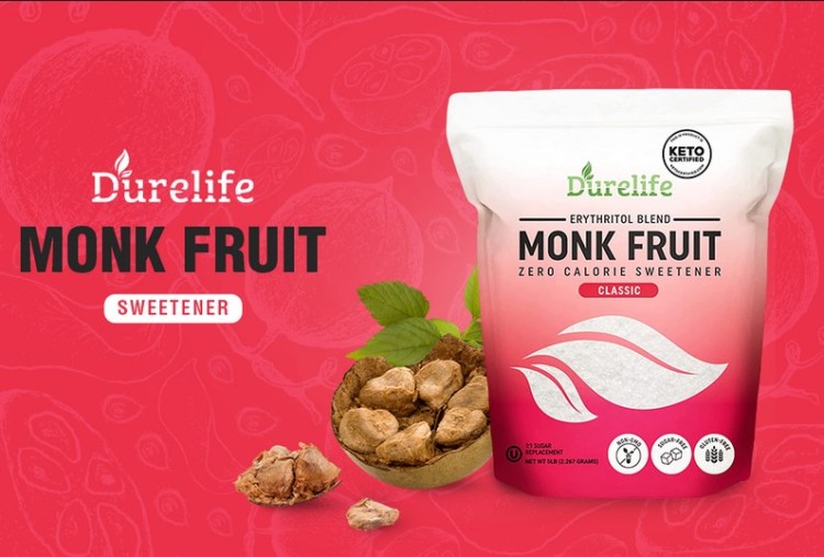 A bag of durelife monk fruit on a red background.
