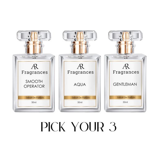 Three bottles of perfume with the words fragrances pick your 3.