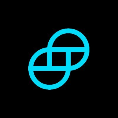 A blue logo on a black background.