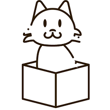 A black and white drawing of a cat in a box.