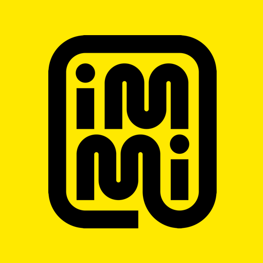 A yellow and black logo with the word imi on it.