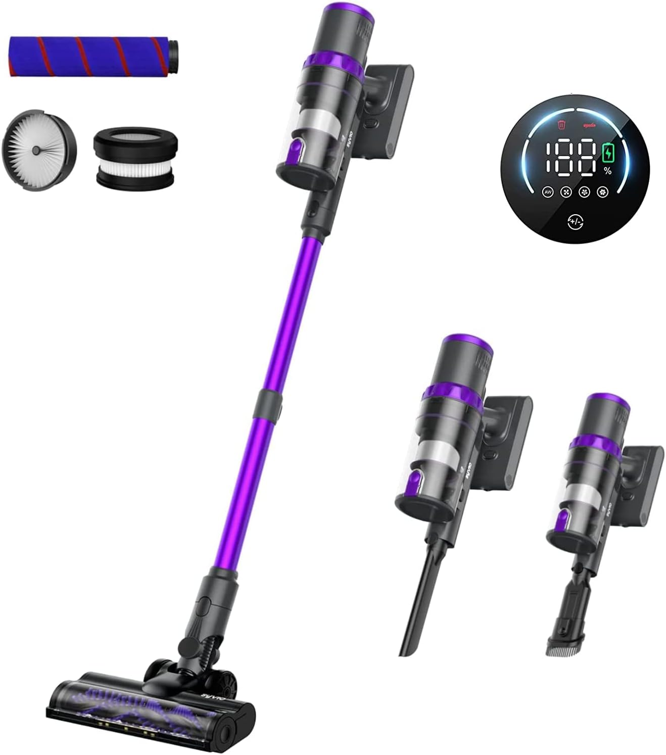 A purple and black vacuum cleaner with accessories.