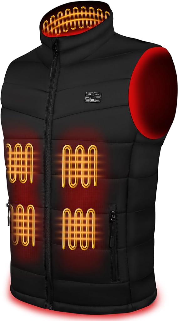 A black heated vest with red and yellow lights on it.
