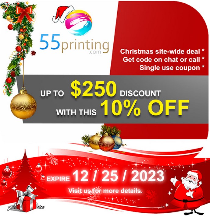 A flyer with a santa claus and christmas decorations.