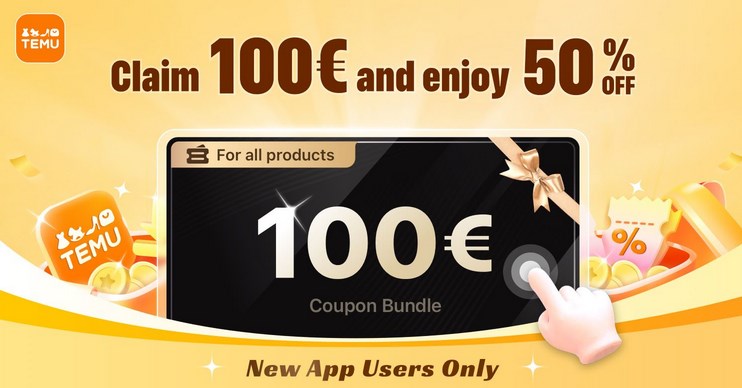 A screenshot of a voucher with the text claim 100 euros and enjoy 50 % off app users only.