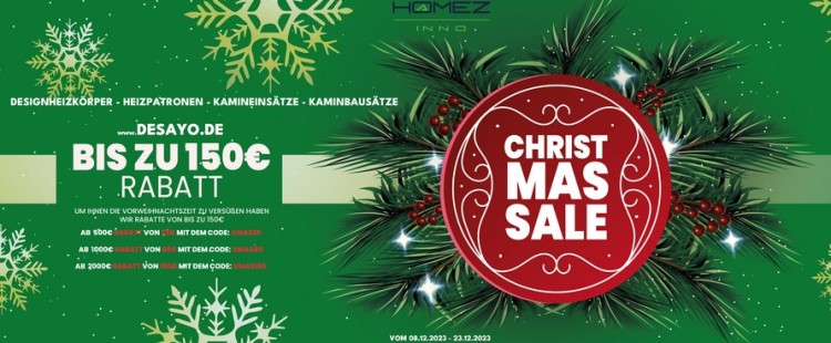 A christmas sale flyer with a christmas tree and snowflakes.