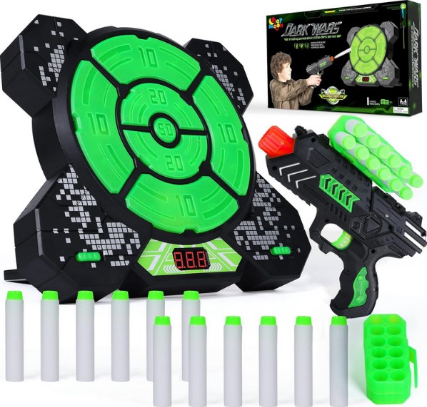 A toy gun with green lights and a box.