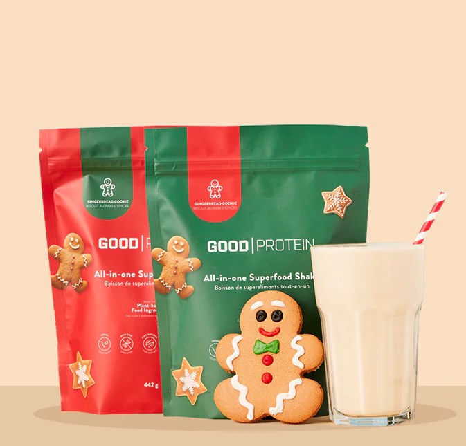 Goodie protein shake with gingerbread cookies and a glass of milk.
