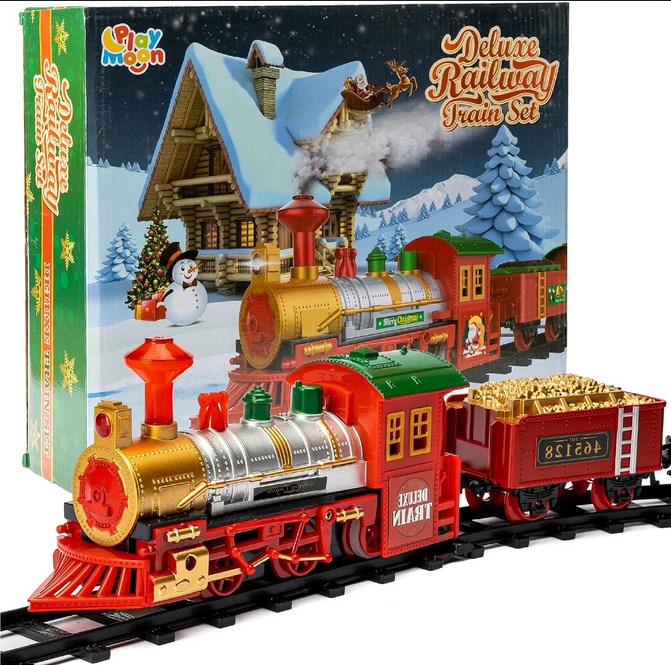 A toy train in a box with a christmas tree.