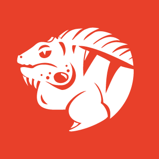 An iguana logo on a red background.