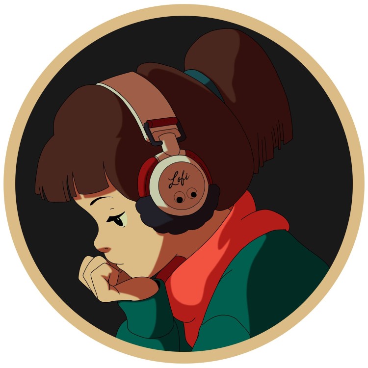 A girl with headphones on her head.