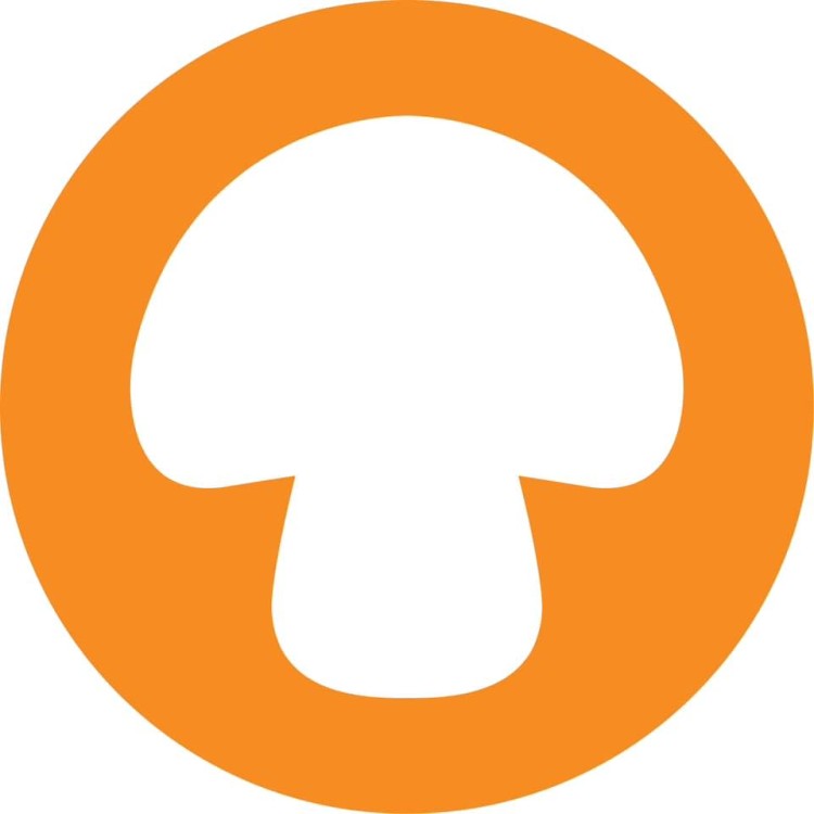 An orange mushroom logo on a white background.