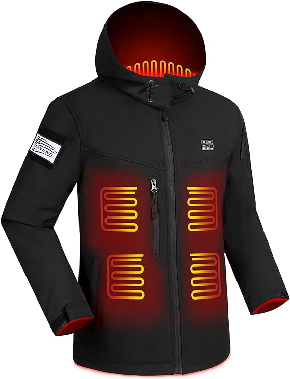 A black jacket with red and yellow lights.