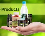 Cbd products with a hand holding a bottle of water and a bottle of cbd oil.