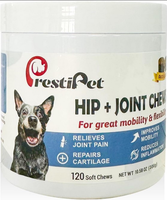 A jar of prespet hip joint chew for dogs.