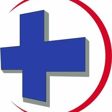A blue cross in a circle.