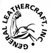 Logo of general leathercraft, inc. featuring a muscular arm holding a dumbbell.