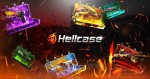 Vibrant and colorful gaming loot boxes with "hellcase" branding, amidst a dynamic backdrop of sparks and flames.