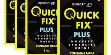 Four packages of "quick fix plus" synthetic urine with a promotional offer highlighted at the bottom.