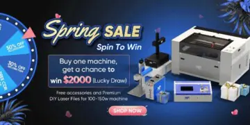 Spring sale promotional banner with discounts on machinery and a chance to win $2000 through a lucky draw.