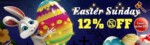 Easter sale: cartoon rabbit presenting a promotional 12% discount with an easter egg in the backdrop.