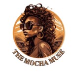 Stylized illustration of a woman with curly hair wearing sunglasses and large earrings, titled 'the mocha muse'.