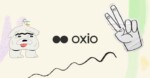 Cartoon dog with a duck on its head, alongside a peace hand gesture and the text "oxio".