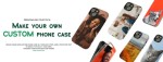 Assortment of personalized phone cases with various custom images and designs, advertising the option to create your own custom phone case.