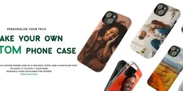 Assortment of personalized phone cases with various custom images and designs, advertising the option to create your own custom phone case.