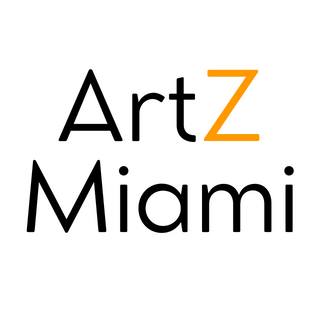 Logo of art z miami, with the word "art" in black, "z" in orange, and "miami" in black, styled in a modern serif font.