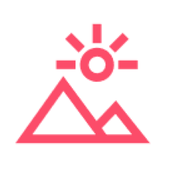 Red icon depicting a stylized sun above two mountains, using simple geometric shapes.
