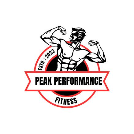 Logo of peak performance fitness featuring a muscular man posing with flexed arms, encircled by a red banner with the establishment year 1971 to 2023.