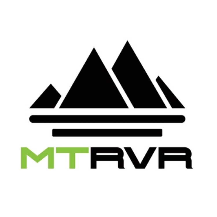 Logo featuring three black mountain peaks above two horizontal lines, with the text "mtrvr" in black and green below.