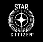 Logo of star citizen, featuring a white emblem with a star in the center, surrounded by a circular border and laurels, on a black background.
