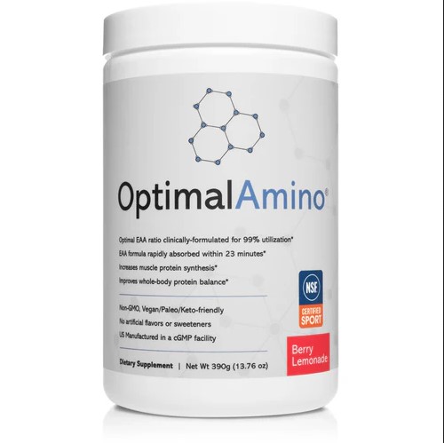 White container of optimal amino dietary supplement in berry lemonade flavor, labeled for muscle protein synthesis and balance, vegan-friendly, with chemical structure graphic.