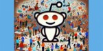 Illustration of the reddit mascot, a white cartoon figure with red eyes and an antenna, centered over a busy, colorful background depicting numerous people interacting and using various technologies.