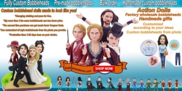Advertisement for custom bobblehead dolls featuring a variety of doll examples set against a backdrop with text about order customization and gift options.