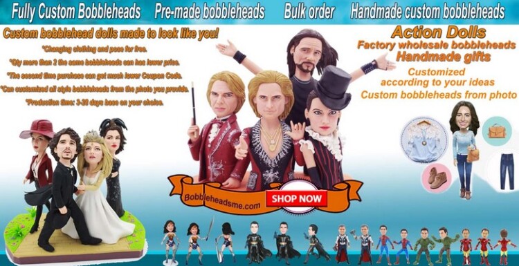 Advertisement for custom bobblehead dolls featuring a variety of doll examples set against a backdrop with text about order customization and gift options.