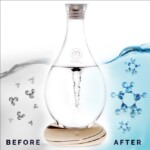 A water carafe showing a swirling motion inside, with the words "Before" and "After" on either side. The "Before" side has small molecule illustrations, while the "After" side has more complex molecule visuals.