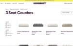Screenshot of an e-commerce website showing a selection of 3-seat couches. The page displays various color and fabric filter options along with images and prices of different couch models.