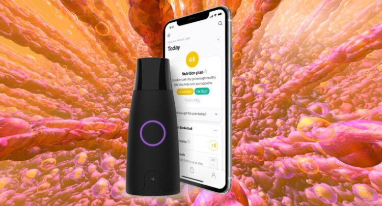 A smartphone displaying a nutrition app next to a black smart water bottle, all against a vibrant abstract background suggestive of microscopic imagery.