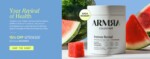 A container labeled ARMRA Colostrum stands next to watermelon slices. Text offers a 15% discount sitewide with code REVIVE15, ending Monday. A green "Shop the Event" button is included.
