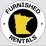 A circular logo with "FURNISHED RENTALS" text around a black circle containing a yellow silhouette of the state of Minnesota. Two black stars are placed on either side of the text.